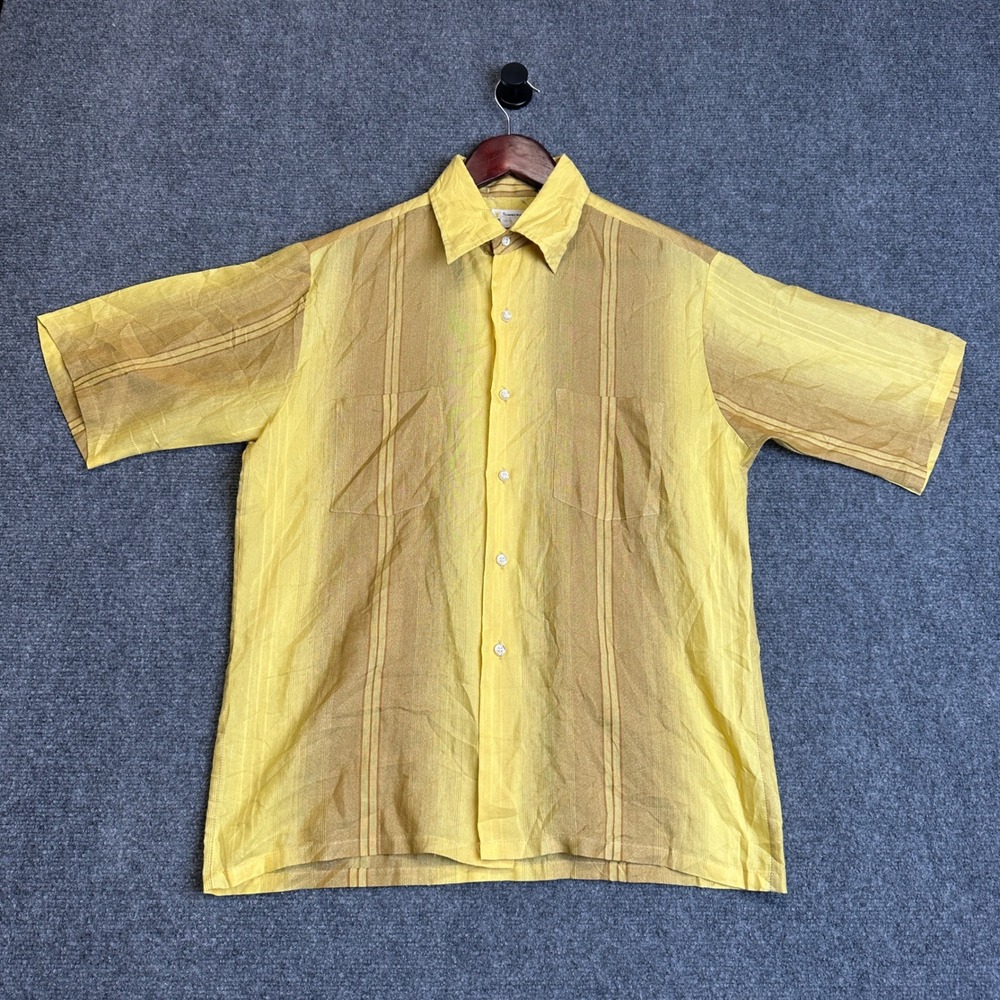 Vintage Towncraft Penneys Button Up Mens M Yellow Striped Short Sleeve Camp 70s
